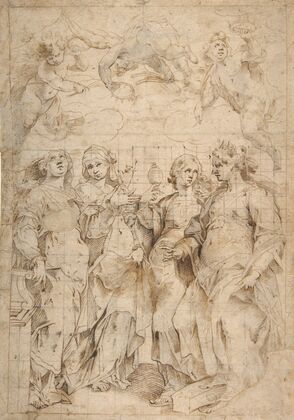 Saint Cecilia, Saint Mary Magdalen, Saint Catherine of Alexandria, and Saint Agnes, Angels with Palm Branches and Crowns Above