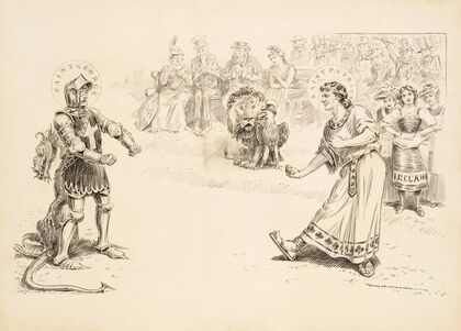 Saint George and Saint Patrick prepare to fight before a crowd (1906)