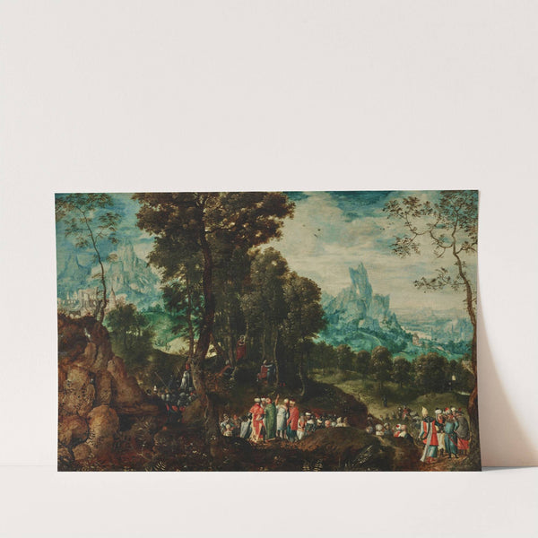Saint John the Baptist preaching in the wilderness with the Baptism of Christ in the background by Herri met de Bles