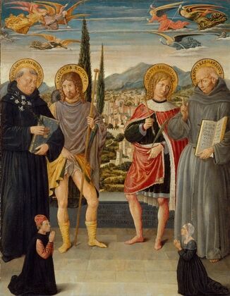 Saints Nicholas of Tolentino, Roch, Sebastian, and Bernardino of Siena, with Kneeling Donors (1481)
