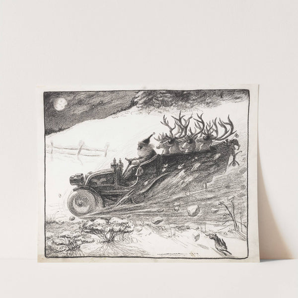 Santa Claus speeding down the road in a motorized sleigh; reindeer seated in back. (1903) by William Henry Walker