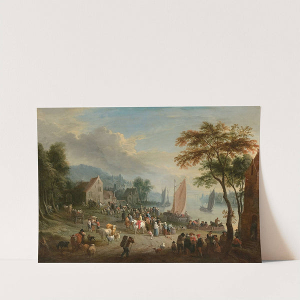 Scène de village animé au bord d’un fleuve by Theobald Michau