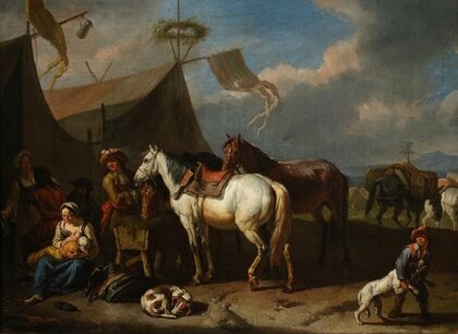 Scene in a military camp with a breastfeeding woman and a boy playing with a dog (17th century)