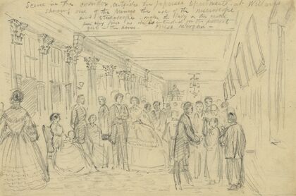 Scene in the corridor, outside the Japanese apartments at Willards showing one of the princes the use of the microscope and stereoscope