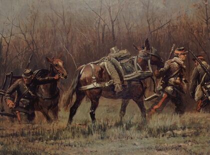 Scène militaire; mobiles conduisant des mulets d’ambulances (fragment du panorama de Champigny) (1881)