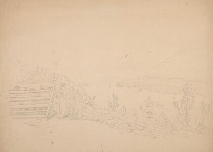 Scene of Sally Lord leaning on a fence and overlooking the Hudson River