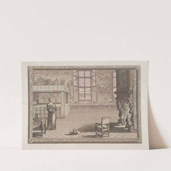 Scene of woman in a bedroom holding a tray with a glass by André-Charles Boulle