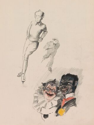 Schaatsende man en jongen en twee figuren uit een Commedia Dell’Arte (1917-1919)
