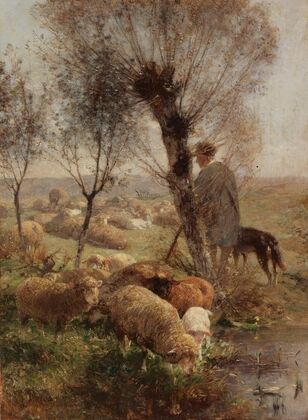 Schäfer mit Hund und Herde unter Weidenbäumen am Wasser
