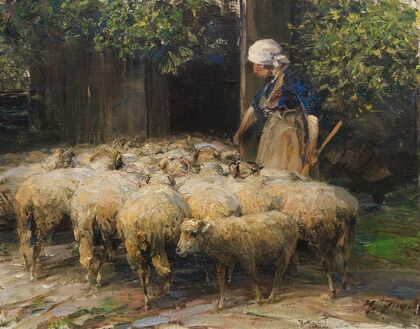 Schäferin mit Schafherde am Stall (ca 1925)