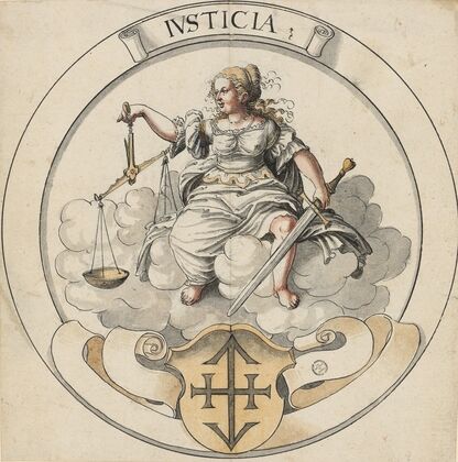 Scheibenriss im Rund mit Justitia, unten nicht identifiziertes Wappen