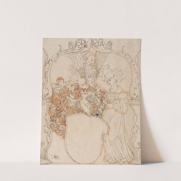 Scheibenriss mit Frau als Schildhalterin und leerem Wappen by Anonymous