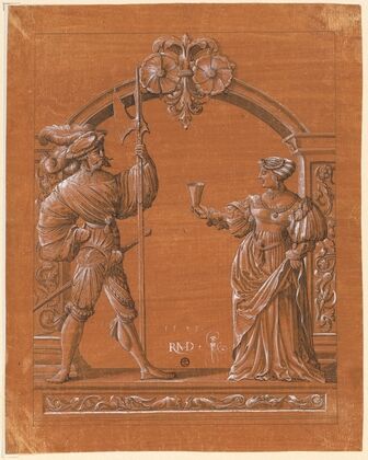 Scheibenriss mit Frau, die einem Landsknecht den Willkommtrunk reicht