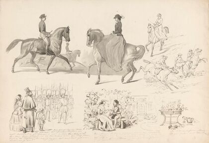 Schetsblad met diverse studies, onder andere van paardensport