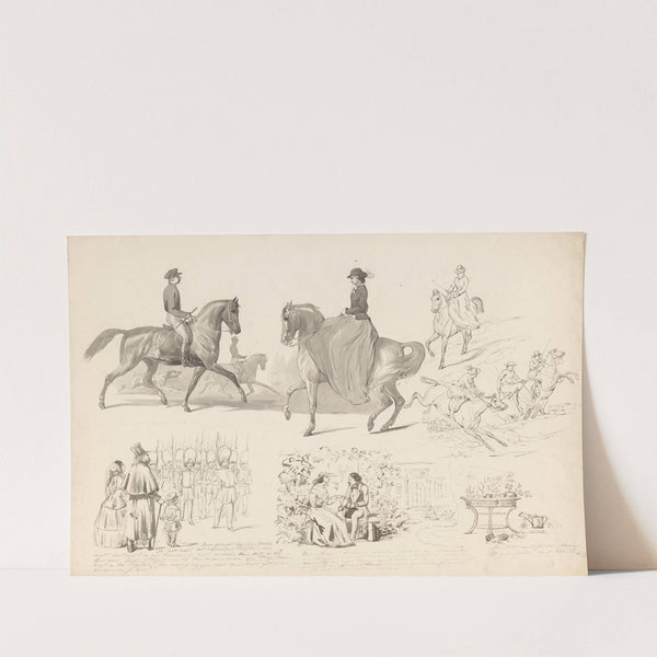 Schetsblad met diverse studies, onder andere van paardensport by August Allebé