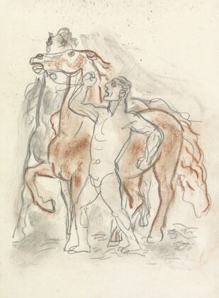 Schetsblad met naakte man, die twee paarden in bedwang houdt