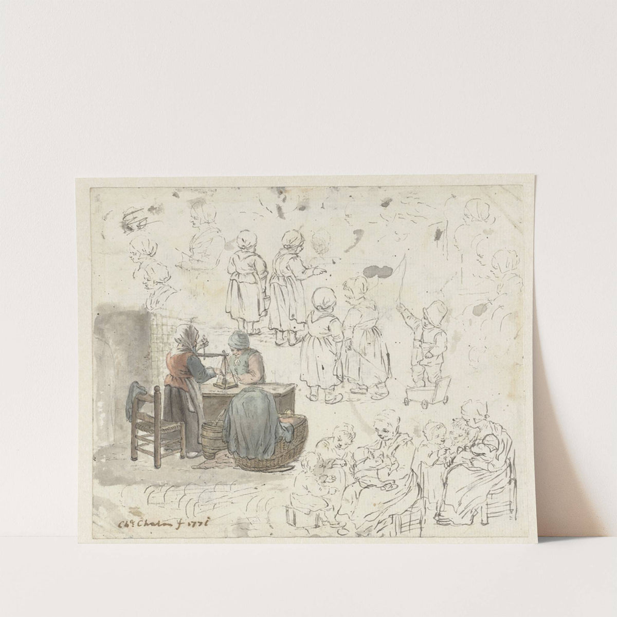 Schetsen van goudweegster en kinderen by Christina Chalon