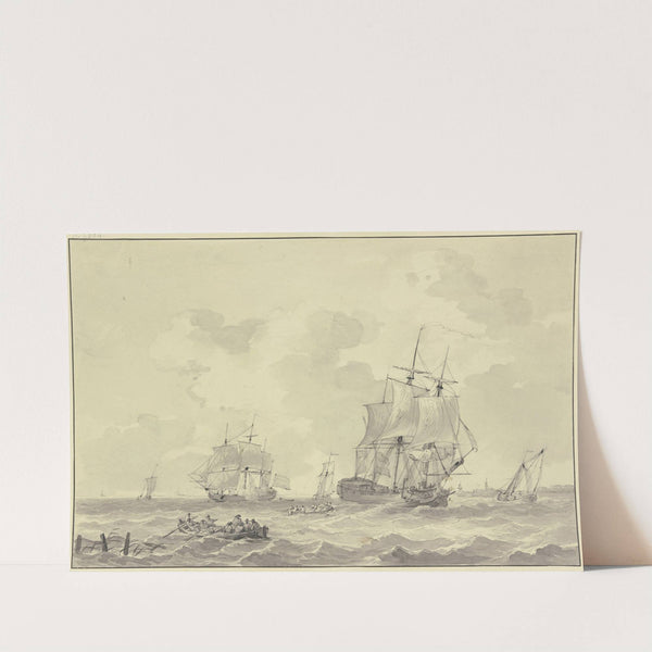 Schiffe bei bewegter See, eines löst eine Kanone, vorne zwei Ruderboote by Gerrit Groenewegen