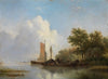 Schiffe und Kähne an waldigem Flussufer