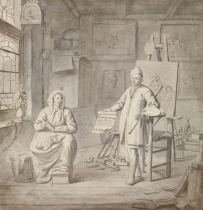 Schilder Michiel Comans en zijn derde vrouw Elisabeth van der Mersche in het atelier