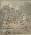 Schnitter und Schnitterin bei einem Erntewagen rastend, vor ihnen ein junges Mädchen, das zum Flötenspiel des Schnitters tanzt