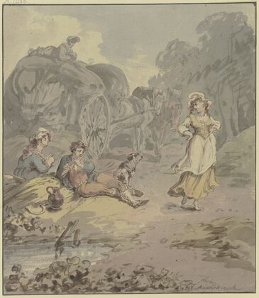 Schnitter und Schnitterin bei einem Erntewagen rastend, vor ihnen ein junges Mädchen, das zum Flötenspiel des Schnitters tanzt