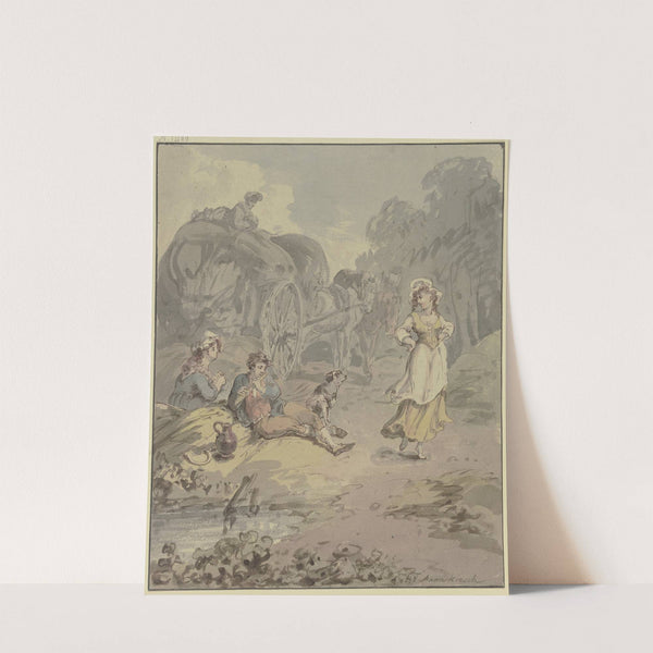 Schnitter und Schnitterin bei einem Erntewagen rastend, vor ihnen ein junges Mädchen, das zum Flötenspiel des Schnitters tanzt by Franz Joseph Manskirsch