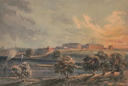Schuylkill Arsenal at sunset, from across the Schuylkill River, looking west (1850-1860)