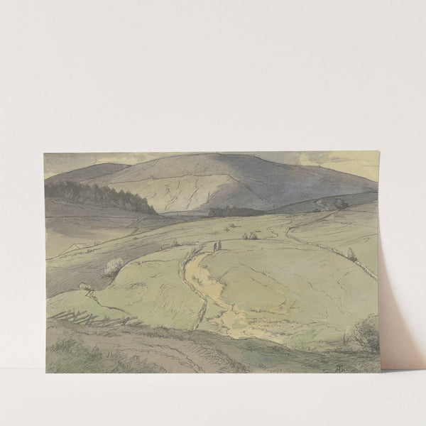 Schwarzwaldlandschaft, Blick über hügelige Wiesen auf höhere Berge by Hans Thoma