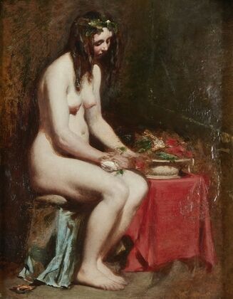Seated Female Nude with Flowers in her Hair and a Still-Life by her Side