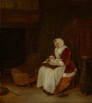 Seated woman with velvet jacket sewing — size preview