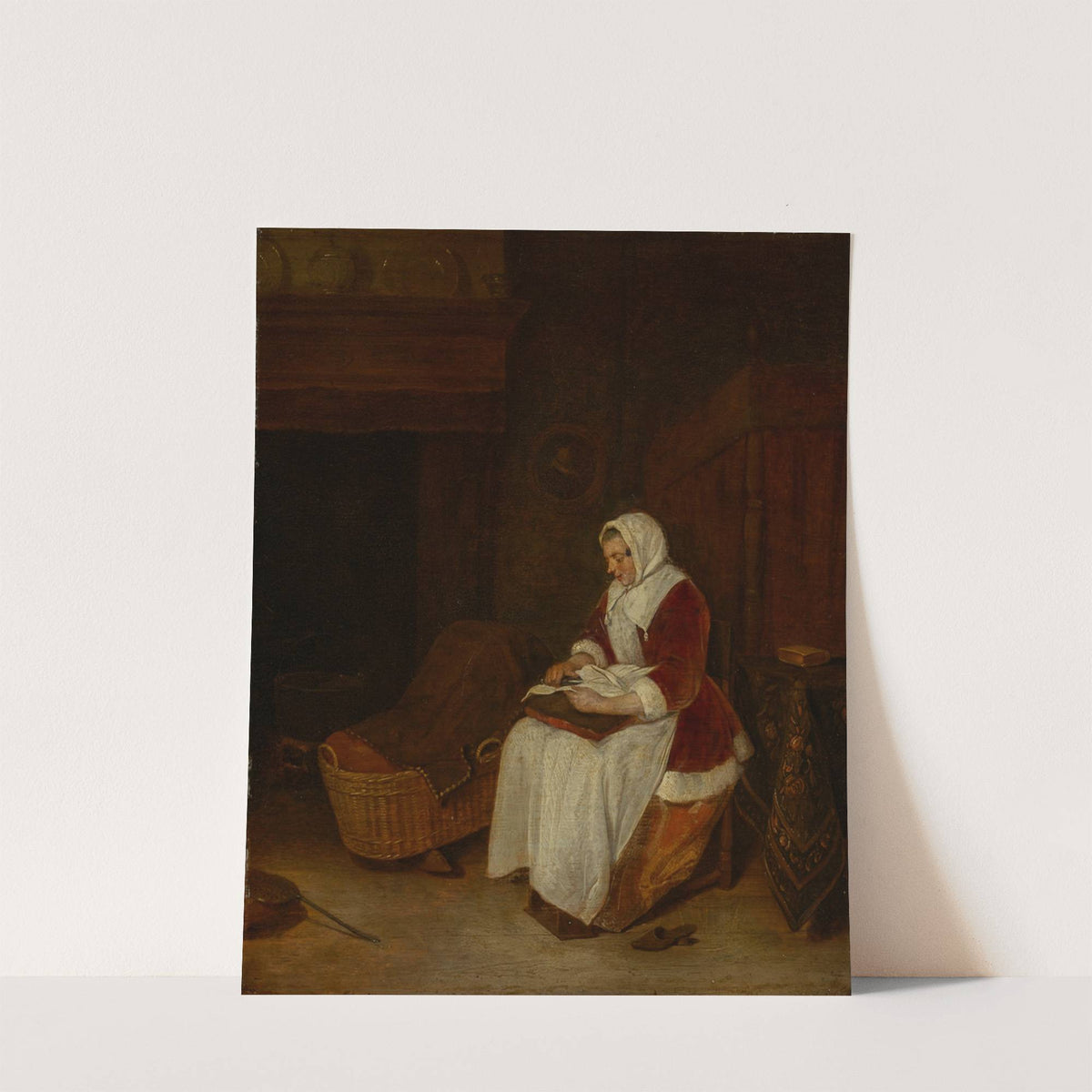 Seated woman with velvet jacket sewing by Quirijn Van Brekelenkam