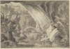 Sechs Fischotter in einer Felsenhöhle am Wasser (1736)