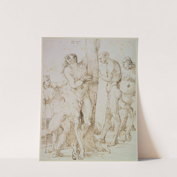 Sechs nackte Figuren, in der Mitte ein an einen Baum gefesselter Mann (1515) by Albrecht Dürer