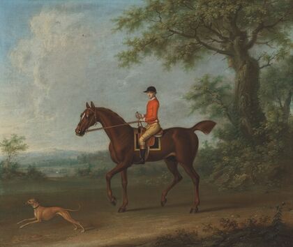 Sedbury, with jockey up, and a greyhound in an extensive wooded landscape, with two country houses beyond