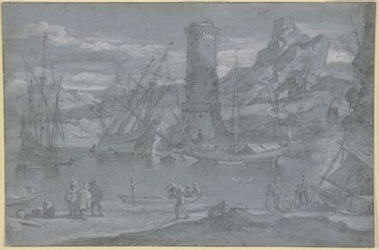 Seehafen, bei dem Leuchtturm liegt ein Schiff auf der Seite, um repariert zu werden