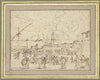 Seehafen mit einer Galeere, viele Figuren am Ufer