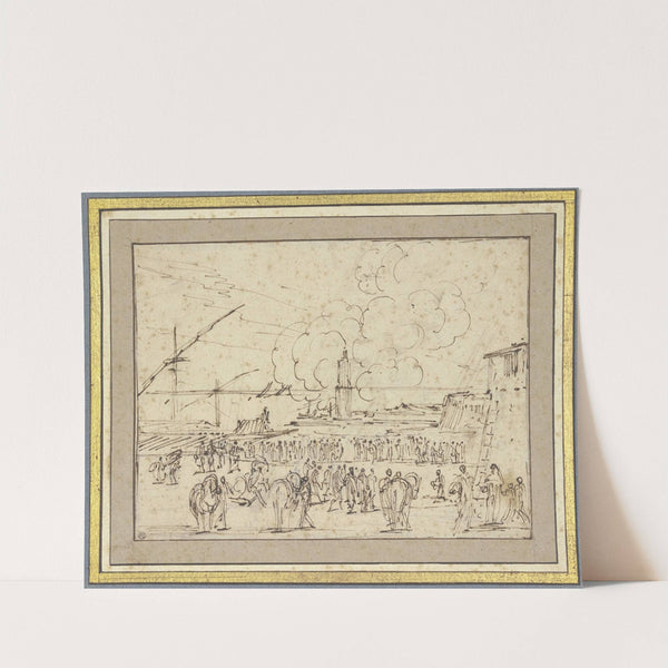 Seehafen mit einer Galeere, viele Figuren am Ufer by Stefano Della Bella