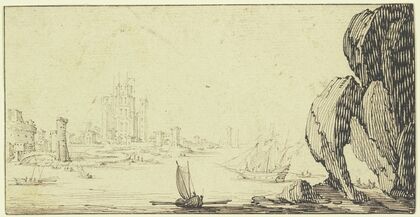 Seehafen mit Schiffen, rechts ein großer Felsen — size preview