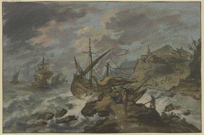 Seesturm an felsiger Küste, vorne ein gestrandetes Schiff