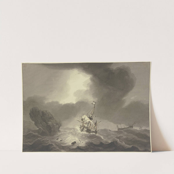 Seesturm, rechts ein entmastetes Schiff, links ein Felsen, an welchem ein Schiff vorbeisegelt by Hendrik Kobell