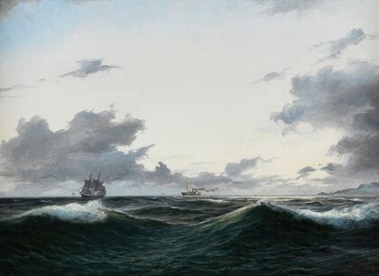 Segelschiff und besegelter Dampfer auf See vor einer Küste