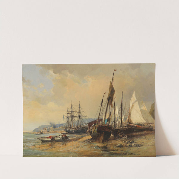 Segelschiffe und Fischerboote am bretonischen Strand by Jules-Achille Noël
