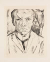 Selbstbildnis von vorn, im Hintergrund Hausgiebel (1918)
