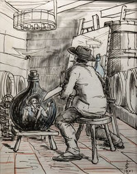 Self-portrait of the artist painting in the cellar