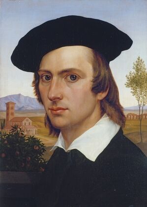 Self-Portrait with Beret in front of a Roman Landscape