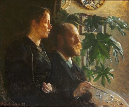 Self portrait with palette in hand and wife martha
