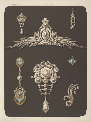Seven Designs For Jewelry, Including Tiara With Red Stone. — size preview