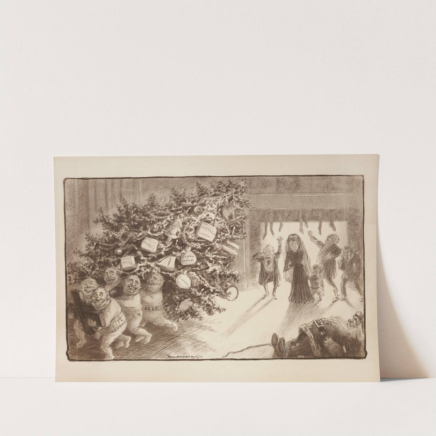 Several figures representing trusts (Beef, Rail Road, and Life Insurance) tied up Santa and are stealing a family’s Christmas tree and all of their presents (1905)
