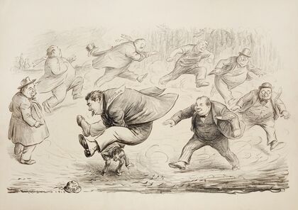 Several large men run in a circle and jump over a small man representing the public, oppressing him (1920)